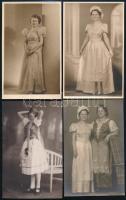 cca 1920-1940 Hölgyek magyaros viseletben, 4 db fotó, egyik felületén törésnyom, 13,5×8,5 cm