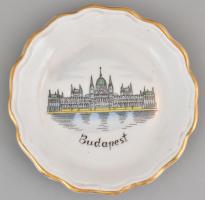 Budapest feliratú, Aquincumi porcelán mini kaspó m:5cm (Lánc-híd) és tálka d:9,5cm (Parlament, Orszá...