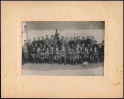 1933-1934 Fiúiskolások csoportképe zászlókkal, 2 db kartonra kasírozott fotó, karton foltos, 11×17 cm