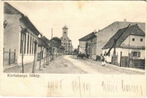 1905 Körösbánya, Baia de Cris; látkép, utca, templom, üzlet / street view, church, shop (EB)