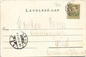 1905 Körösbánya, Baia de Cris; látkép, utca, templom, üzlet / street view, church, shop (EB)