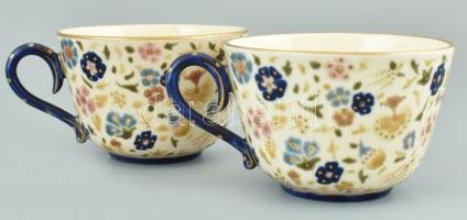 Zsolnay porcelán négy személyes teás készlet kiöntőkkel, cukordobozzal. Historizáló, virágos dekor, ...