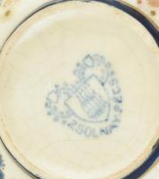 Zsolnay porcelán négy személyes teás készlet kiöntőkkel, cukordobozzal. Historizáló, virágos dekor, ...