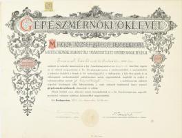 1924 Kir. József Műegyetem rektora által kiállított gépészmérnöki oklevél illetékbélyeggel, szárazpecséttel, hajtott