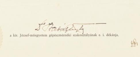 1924 Kir. József Műegyetem rektora által kiállított gépészmérnöki oklevél illetékbélyeggel, szárazpe...