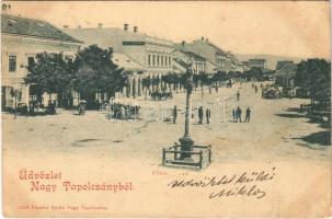 1900 Nagytapolcsány, Topolcany, Topolcian; Fő tér, Hitelbank, Munk Adolf üzlete, piac. Platzko Gyula kiadása / main square, bank, shops, market (fl)