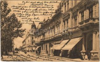 1912 Szeged, Széchenyi tér, Lányi János cukrászdája, Weber Mátyás üzlete, temetkezési intézet, villamos (EK)