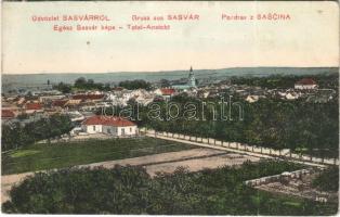 Sasvár, Mária Sasvár, Maria-Schlossberg, Sastín (Sasvár-Morvaőr, Sastín-Stráze); látkép. Gipsz Fany kiadása / general view + NAGY-SZOMBAT - KUTTI 268 A vasúti mozgóposta bélyegző (fa)