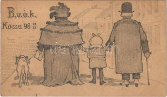 1898 Kassa, Kosice; B.U.É.K. Kézzel rajzolt újévi üdvözlőlap / hand-drawn art postcard with New Year greetings (EK)