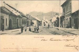 1901 Rozsnyó, Roznava; Berzétei utca, üzletek. Pauchly Nándor kiadása / street view, shops (gyűrődés / crease)