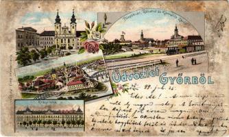 1899 (Vorläufer!) Győr, Újváros, zsinagóga, Királyi tábla, Püspökvár, Rábahíd, Kármelita zárda. Polgár Bertalan kiadása, Art Nouveau, floral, litho (EK)