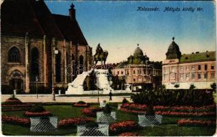 Kolozsvár, Cluj; Mátyás király tér és szobor, araszthy Jenő üzlete / square and statue, shop