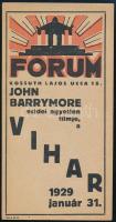 1929 Fórum filmszínház, John Barrymore: Vihar c. filmjének reklám számolócédulája