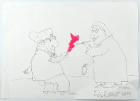 Für Emil (1967-): A farkasember tűzzel kínálja az apácát, 2004. Ceruza, akril, papír, jelzett, 35×50 cm