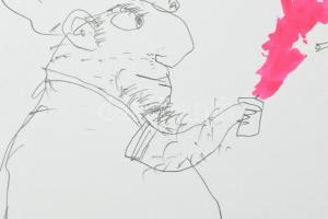 Für Emil (1967-): A farkasember tűzzel kínálja az apácát, 2004. Ceruza, akril, papír, jelzett, 35×50...