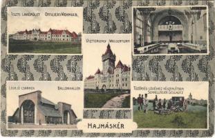 1913 Hajmáskér, Tiszti laképület, Víztorony, Kaszinó díszterme, belső, Léghajó csarnok, Tüzérség lövéshez készenlétben (EB)