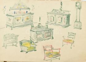 Ismeretlen alkotó: Vegyes bútor tervrajzok, cca. 1910-20. kopott, sérült. cca.: 54x39cm