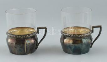 2 db Floreat alpakka teás pohár tartó, kissé csorba üvegbetéttel. Össz m: 9 cm