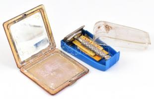 Gillette fém borotva, pengékkel, sérült műanyag tokjában, h: 8 cm + zománcozott fém pudrié tükörrel,...