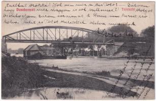 1908 Dunaharaszti, Táj részlet, vasúti híd, gőzmozdony, vonat, dunai úszó vízi hajómalom (vízimalom). Adler Adolf kiadása / floating watermill (boat mill) (ázott sarok / wet corner)