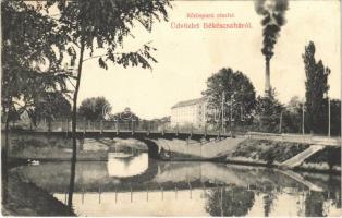 1909 Békéscsaba, Körös-parti részlet, híd, gőzmalom (EK)