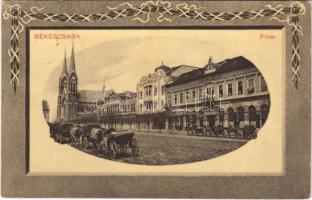 1911 Békéscsaba, Fő tér, Polgári leányiskola, üzletek (ragasztónyom / glue mark)