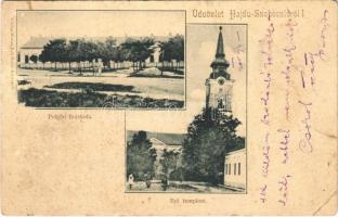 1905 Hajdúszoboszló, Hajdú-Szoboszló; Polgári fiúiskola, Református templom. Kiadja Weber Ede + MISKOLCZ - PÜSPÖKLADÁNY 11. SZ. vasúti mozgóposta bélyegző (lyuk / pinhole)