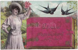 1911 Nagykőrös, leporello hölggyel és fecskékkel (r)