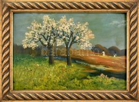 Baky Albert (1868-1944): Virágzó fák. Olaj, karton, jelzett. Kissé sérült, korabeli dekoratív fa keretben. 23×33 cm