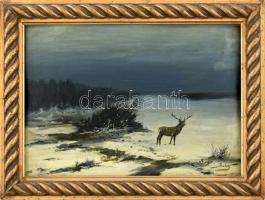 Baky Albert (1868-1944): Szarvas a hóban. Olaj, karton, jelzett. Korabeli dekoratív, kissé kopott fa keretben. 23×33 cm