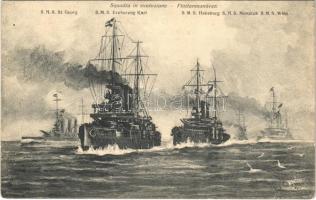 Squadra in evoluzione / K.u.K. Kriegsmarine Flottenmanöver / SMS Sankt Georg, SMS Erzherzog Karl, SMS Habsburg, SMS Monarch, SMS Wien. G. Fano Pola 1907-1908