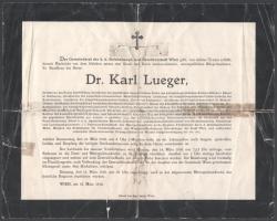1910 Dr. Karl Lueger (1844-1910) bécsi polgármester gyászjelentése, rossz állapotban