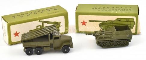2 db harckocsi modell (minomet mozsár és tank) eredeti papírdobozában, fém, 1987, Szovjetúnió, Moszkva. doboz méret: 12x4,5x5cm