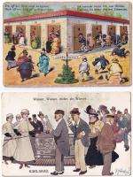 4 db RÉGI humoros képeslap Karlsbad-ból: wécére szaladó fürdővendégek / 4 pre-1945 humorous postcards from Karlovy Vary: spa guests runinng to the toilet