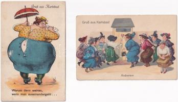 4 db RÉGI humoros képeslap Karlsbad-ból: wécére szaladó fürdővendégek / 4 pre-1945 humorous postcard...