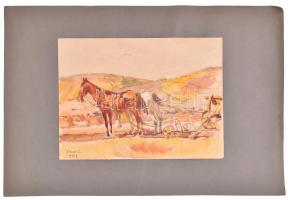 Ócsvár Rezső (1877-1968): Szekér, 1934. Akvarell, ceruza, papír, jelzett, papírra kasírozva, 19×25,5 cm