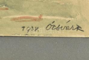 Ócsvár Rezső (1877-1968): Abrakolás, 1934. Akvarell, ceruza, papír, jelzett, papírra kasírozva, töré...
