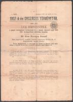 1907 Bécs, Országos Törvénytár, 7. szám, 1907. április 9., XVII. törvénycikk a polgári törvénykezési rendtartásnak és a sommás eljárásról szóló 1893: XVIII. törvénycikknek módosítása tárgyában, foltokkal, kisebb szakadásokkal, ragasztott