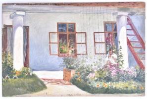 Dános Dezső (1884 - ?): Virágos udvar. Olaj, karton, jelzett, kissé sérült, 34,5×53 cm