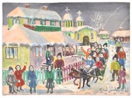 Emil Pavelescu 89 jelzéssel: Téli város. Olaj, vászon, kartonon, bal alsó sarkában kissé sérült, 30×41,5 cm