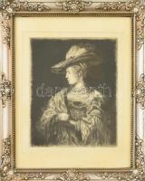 Jelzés nélkül: Hölgy portréja. Rézkarc, papír. Dekoratív, bal alsó sarkában javított fa képkeretben, 16,5×13 cm