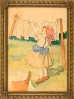 Olvashatatlan jelzéssel, működött a XX. sz. első felében: Teregető kislány. Akvarell, ceruza, karton. Dekoratív, korabeli sérült fa képkeretben, 29×21 cm