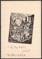 Révész Napsugár (1944- ): Házak (illusztráció). Fametszet, papír, jelzett, hátoldalán Egyetemi élet, a debreceni egyetemek lapja bélyegzőjével, 15,5×12,5 cm