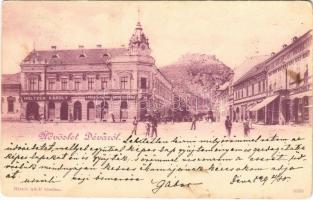 1899 Déva, Deva; vár, Holtzer Károly, Szőcs F. Lajos, Hirsch Testvérek, Farkas üzlete. Hirsch Adolf kiadása / castle ruins, shops (fl)
