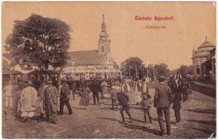 1908 Gyorok, Ghioroc; Nádasdy tér, piac árusokkal, templom, városi vasút, kisvasút. W.L. 3087-95. / market square, church, urban railway, train (fa)