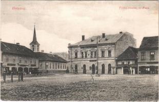 Hátszeg, Hateg; Fő tér, Hatiegana takarék- és hitelintézet, Sbuchea N. üzlete és saját kiadása / main square, savings bank, publisher's shop (fl)