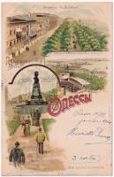 1900 Odessa, Odesa; Le Boulevard, Restaurant Boulevard, Le Monument S.A. Puchkin / street view, restaurant, Pushkin monument. Lit. W. Ciesser. Art Nouveau, floral, litho (fl)