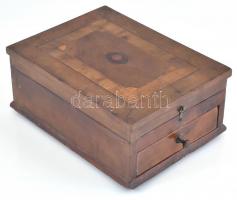 Intarziás fa borotválkozó doboz, kisebb sérülésekkel, 26×19×10 cm