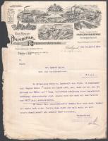 1912 Bp., Első Magyar Papíripar Részvénytársaság fejléces levélpapírjára írt levél, rajta a gyár látképével