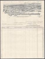 1942 Első Pécsi Bőrgyár Részvénytársaság fejléces papírja, rajta a gyár látképével